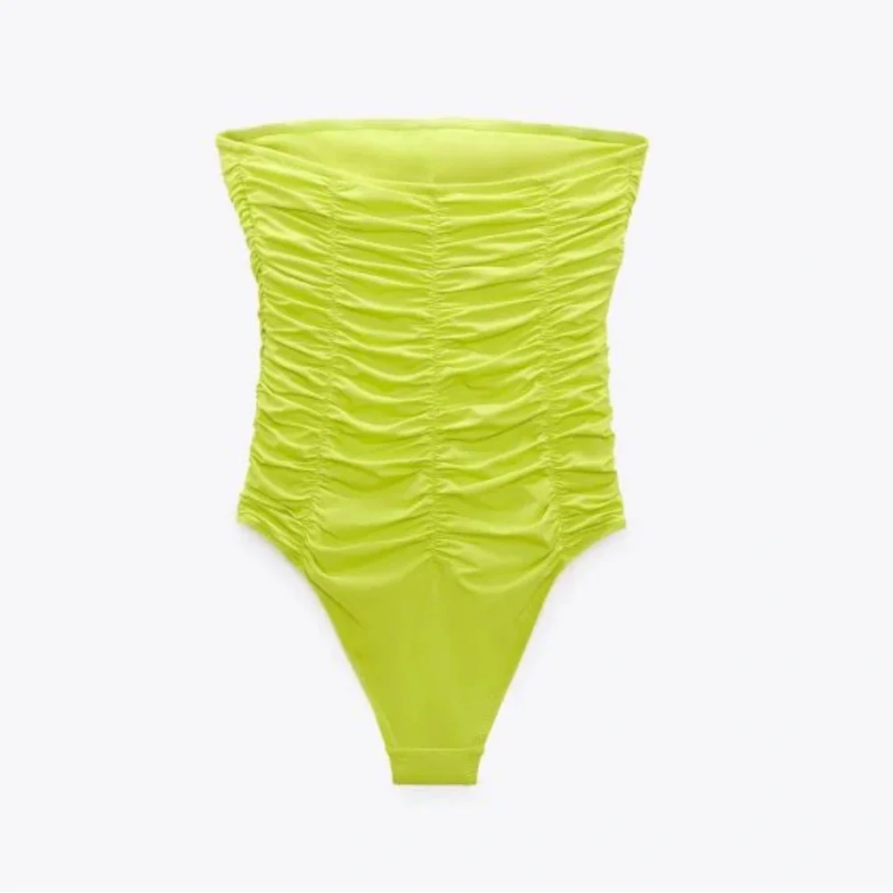 *NEW* ZARA STRAPLESS NEON YELLOW RUCHED ONE PIECE SWIM SUIT SMALL - Picture 2 of 8
